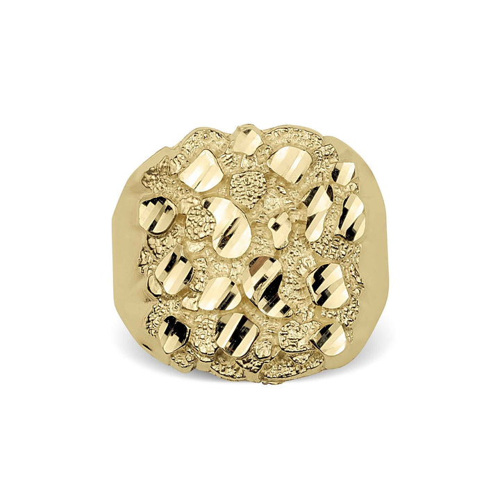Top view of a yellow gold classic nugget oval ring on a white background.