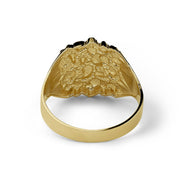 Back view of a textured yellow gold classic nugget oval ring over a white background.