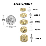 Size chart for gold classic nugget oval rings with measurements compared to a US quarter.