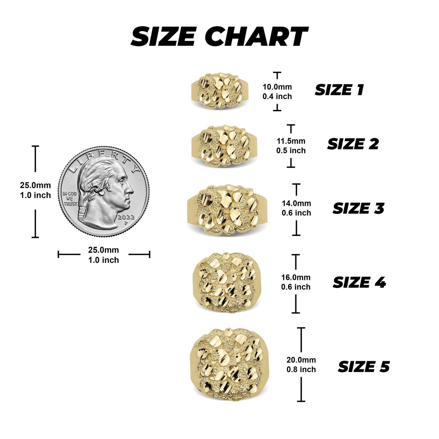 Size chart for gold classic nugget oval rings with measurements compared to a US quarter.