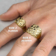 Gold classic nugget oval rings worn on fingers showing Size 3 and Size 5 dimensions.