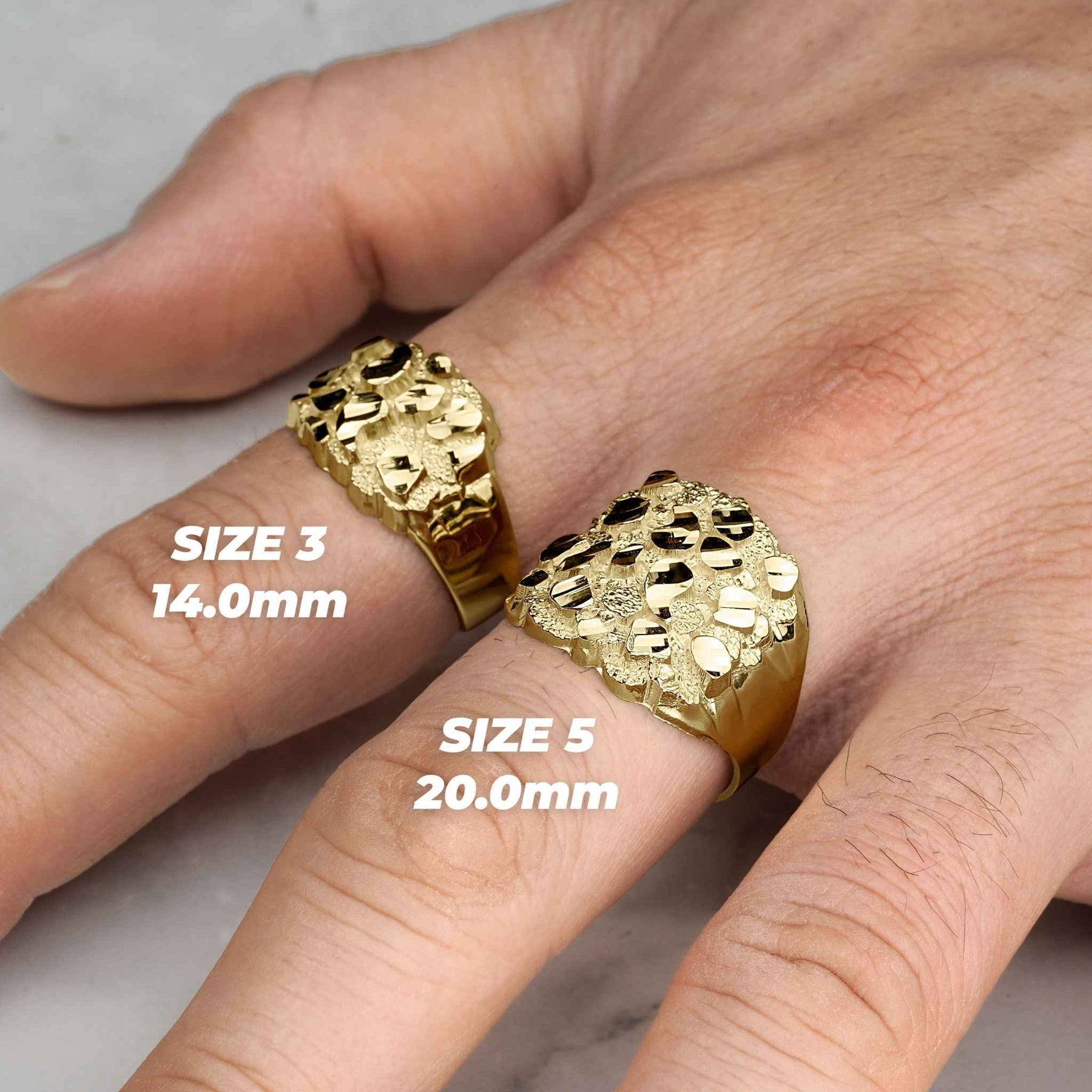 Gold classic nugget oval rings worn on fingers showing Size 3 and Size 5 dimensions.