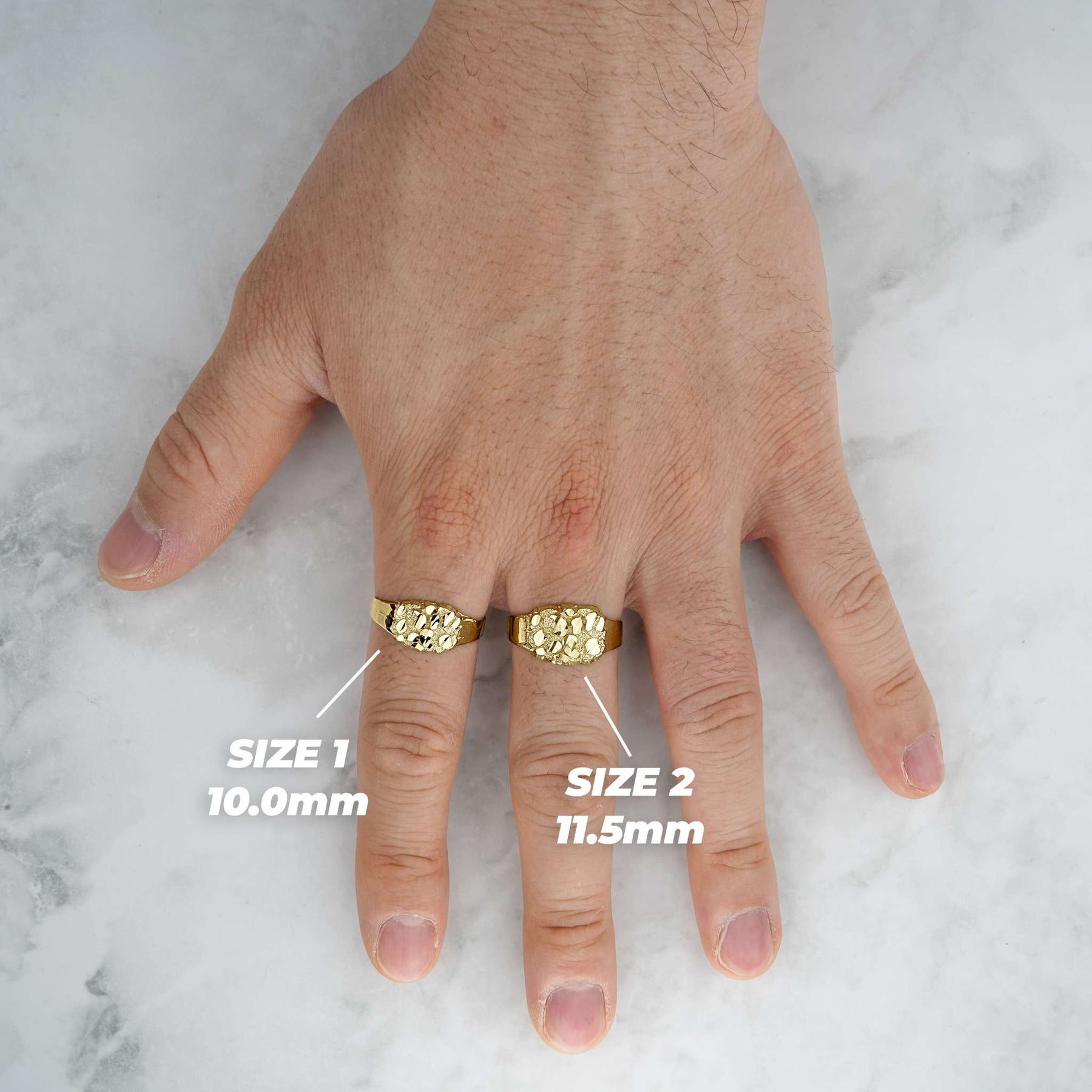 Two gold classic nugget oval rings worn on fingers showing Size 1 and Size 2.