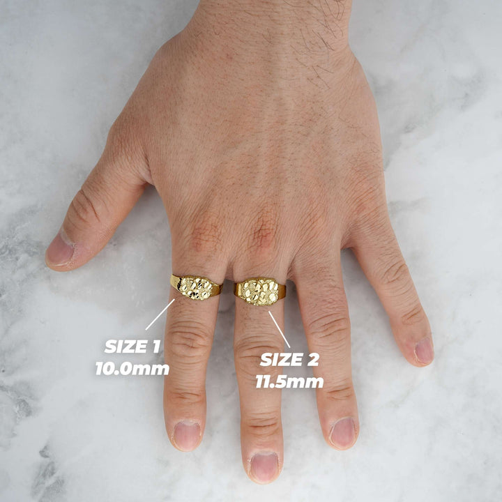 Two gold classic nugget oval rings worn on fingers showing Size 1 and Size 2.