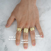 Three gold classic nugget oval rings worn on fingers showing Size 3, 4, and 5.