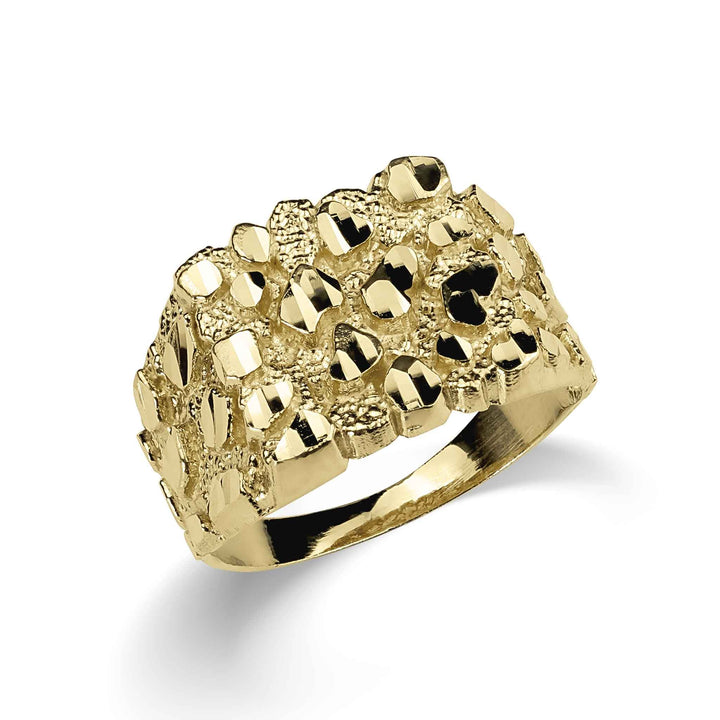 Side-angle view of a heavy, textured yellow gold square nugget ring on white background.