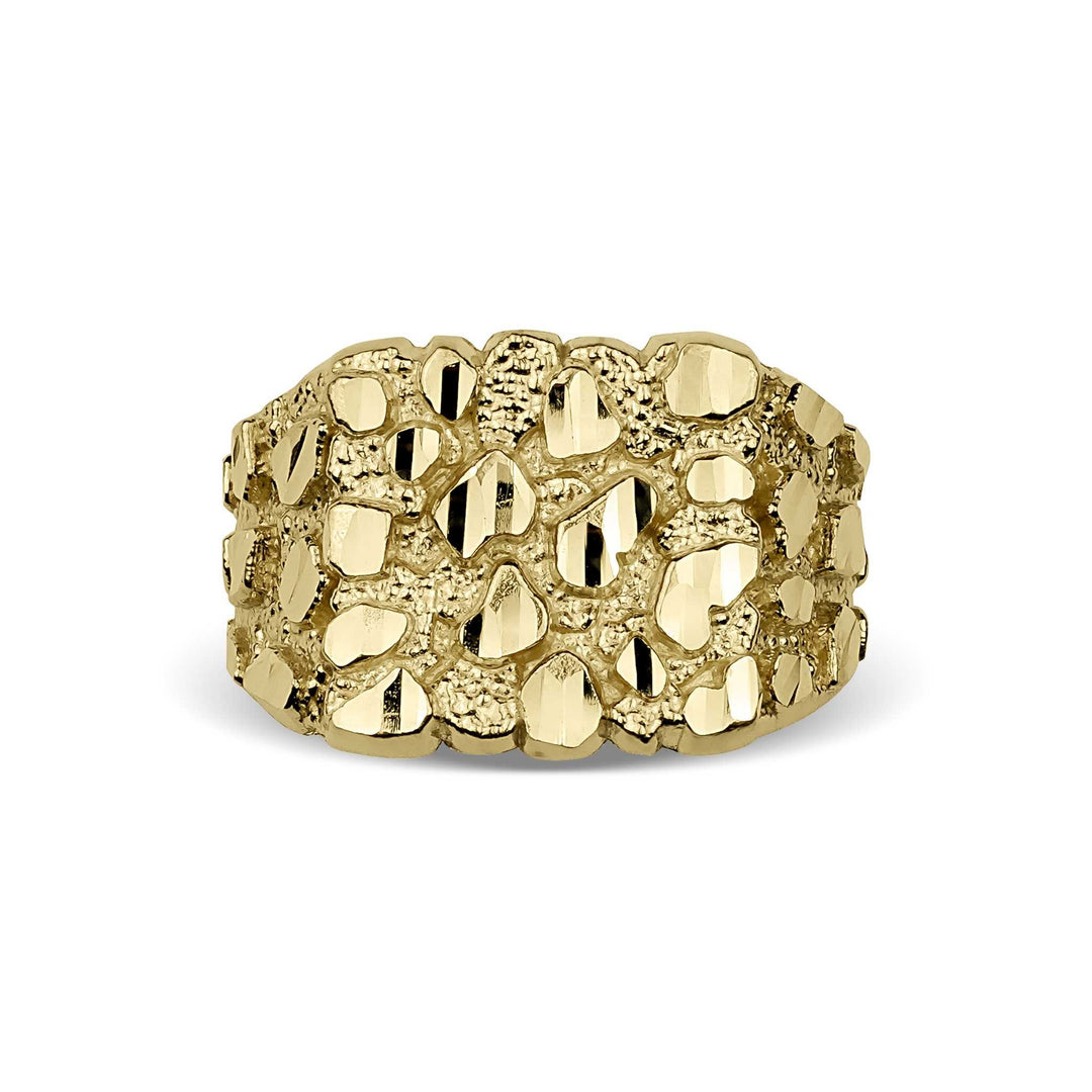 Front-facing product shot of a thick, textured yellow gold square nugget ring.