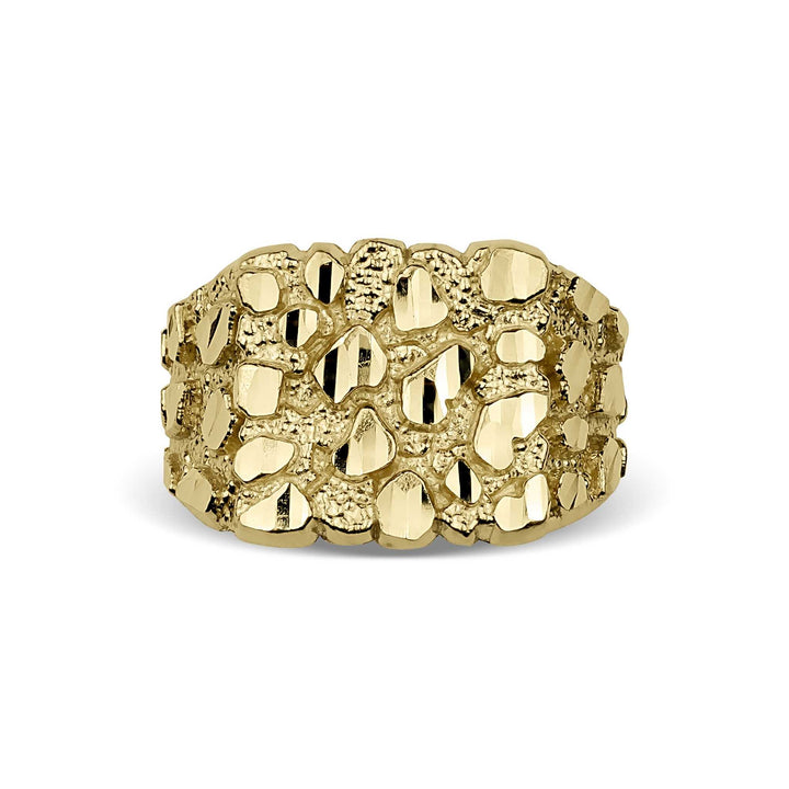 Front-facing product shot of a thick, textured yellow gold square nugget ring.