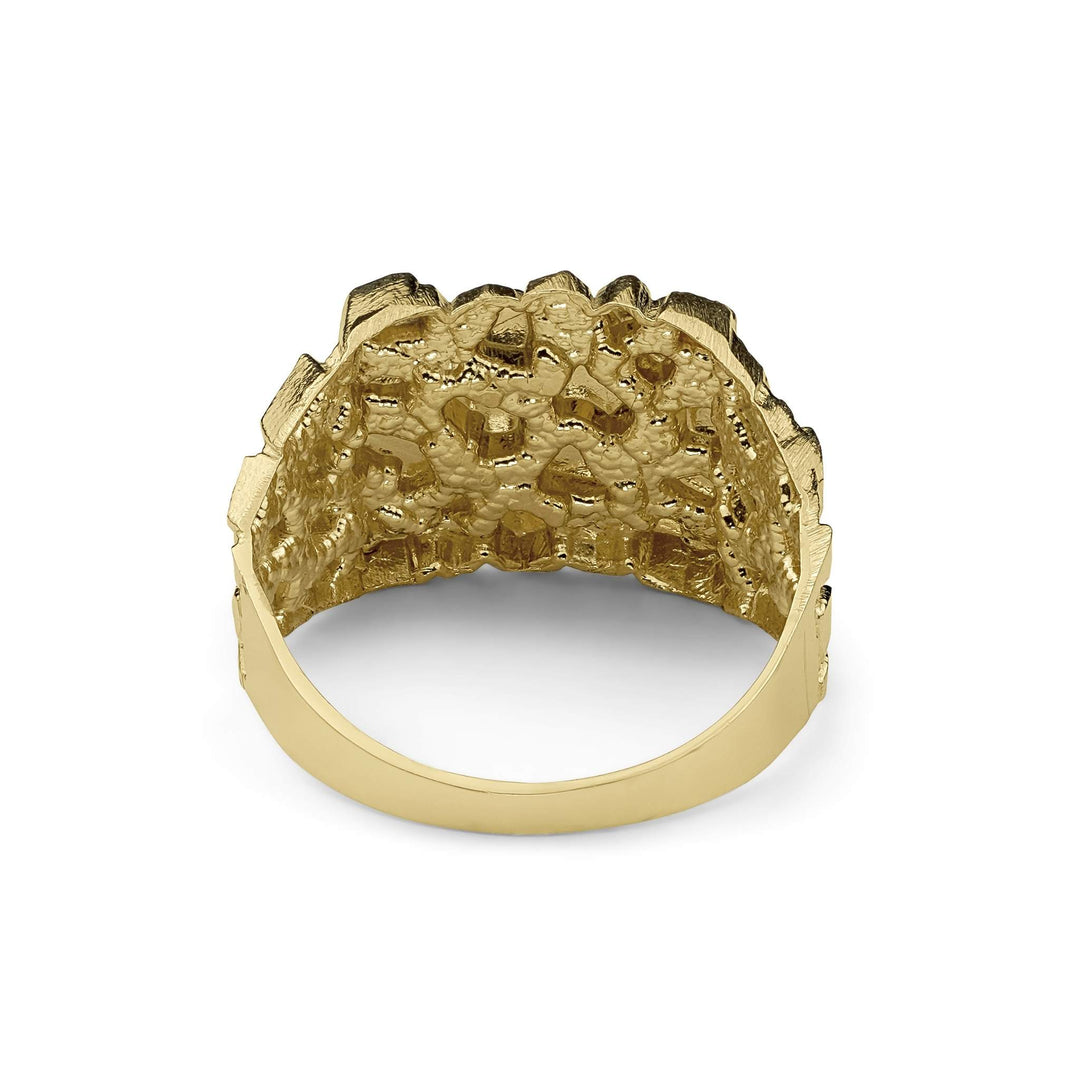 Inner band and back view of a yellow gold square nugget ring showing the textured texture.