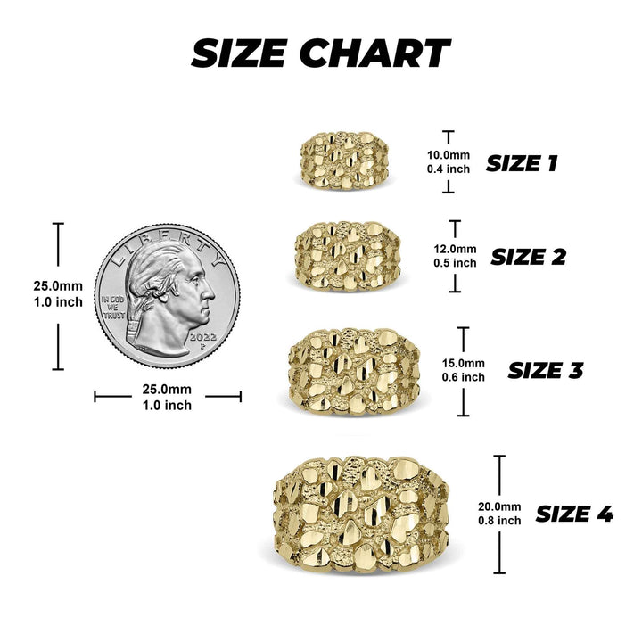 Size chart comparing four sizes of gold square nugget rings against a quarter.
