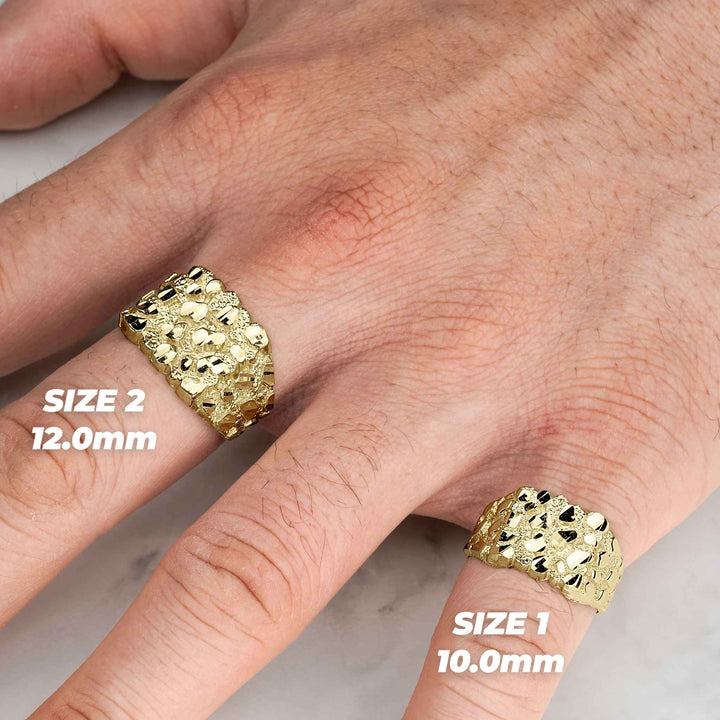 Size chart displaying a hand wearing Size 1 and Size 2 gold square nugget rings.