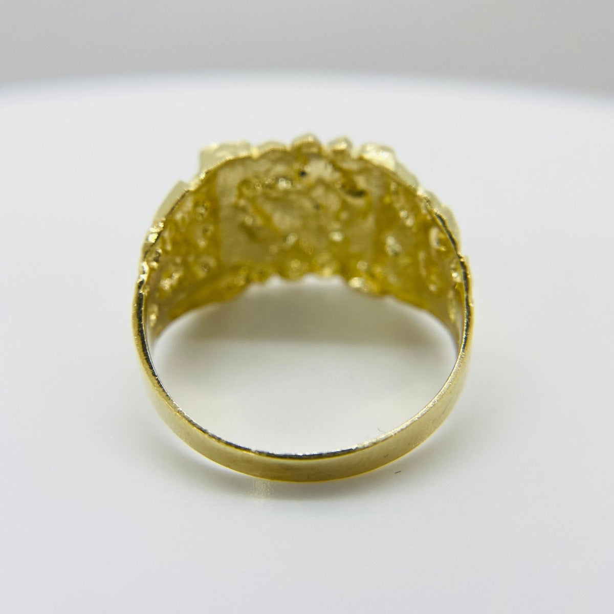 10k - 14k gold ring with intricate design back view on a white background