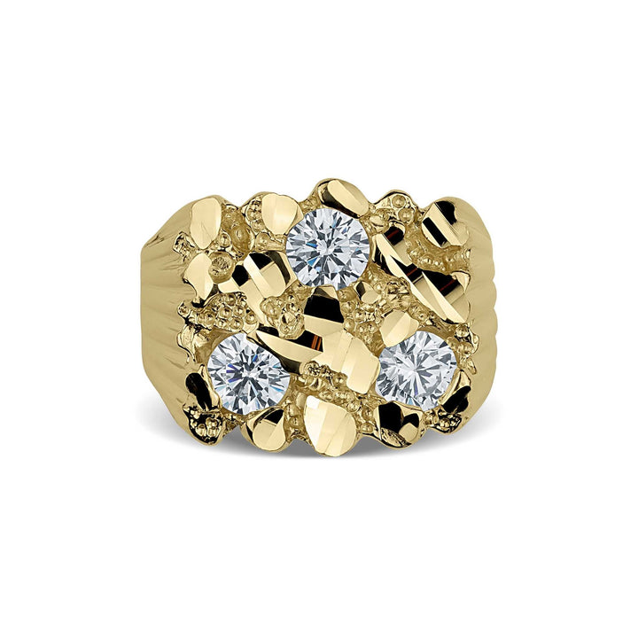 Front view of a square gold nugget ring featuring three brilliant-cut CZ stones.