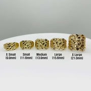 Set of 10k - 14k Nugget Square gold rings with size labels on a white background