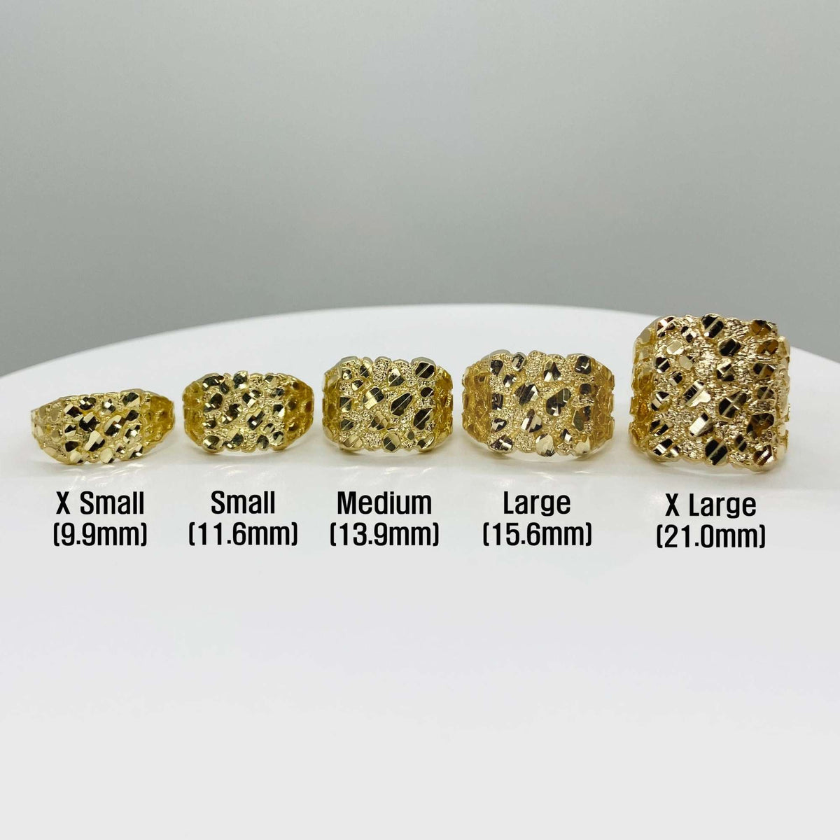 Set of 10k - 14k Nugget Square gold rings with size labels on a white background