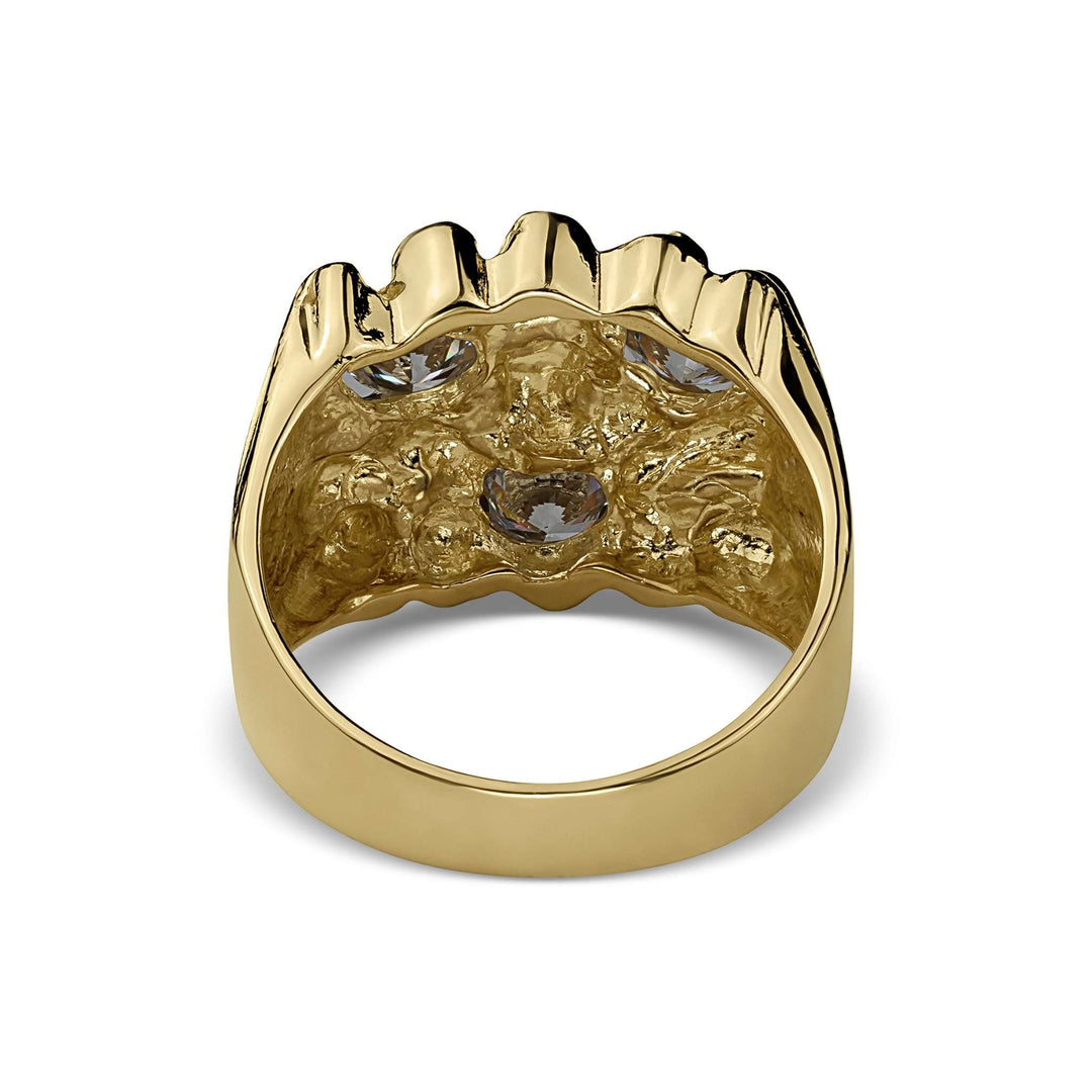 Back view of a gold square nugget ring showing the textured undercarriage details.