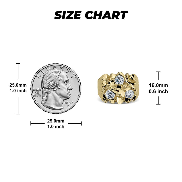 Ring size chart comparing a classic gold nugget square ring to a US quarter.