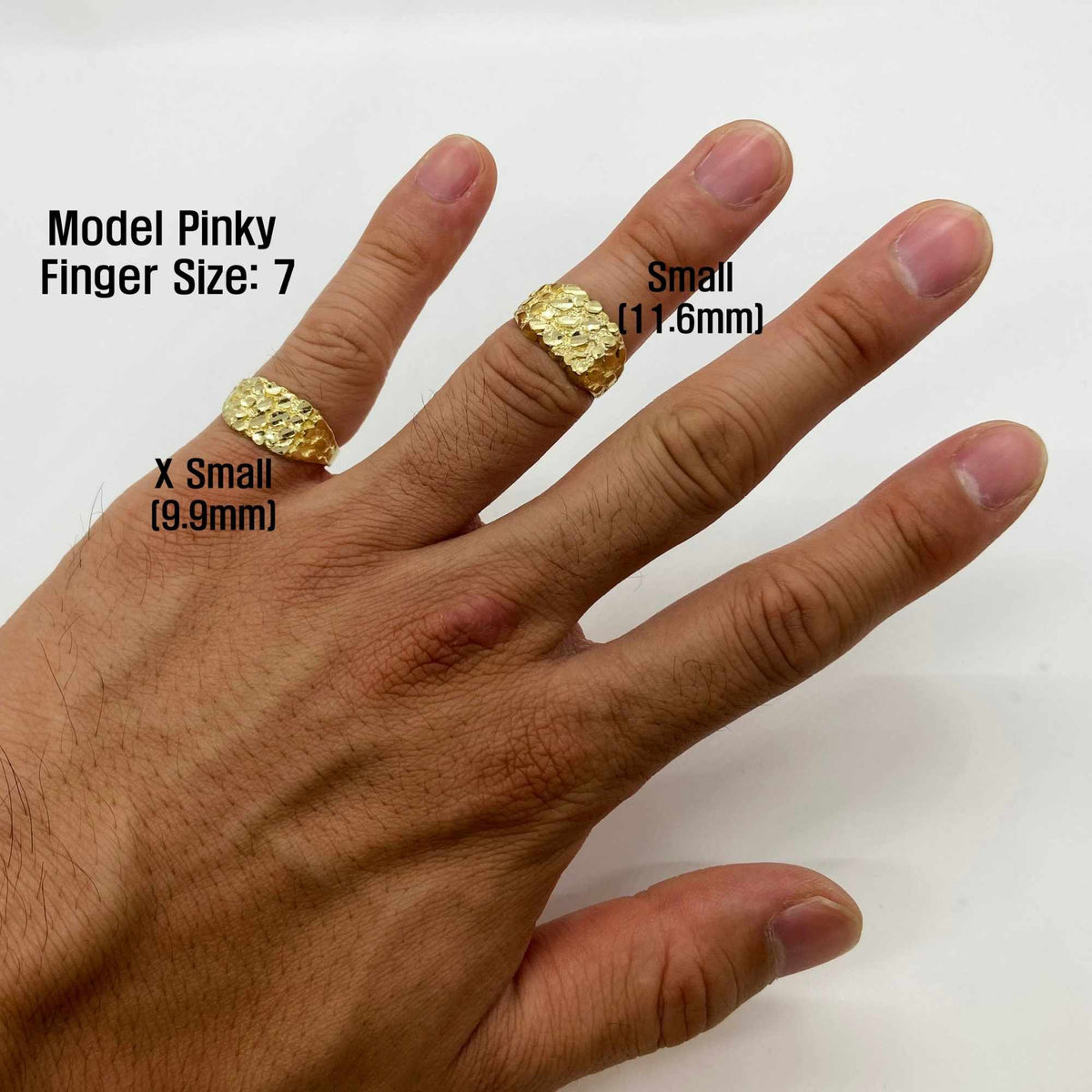 two 10k - 14k gold ring on a hand with size labels for different finger sizes.