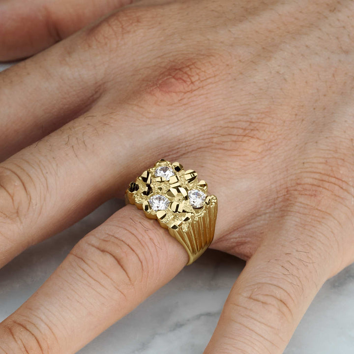 10k-14k gold men's classic nugget signet ring lifestyle view on a hand.