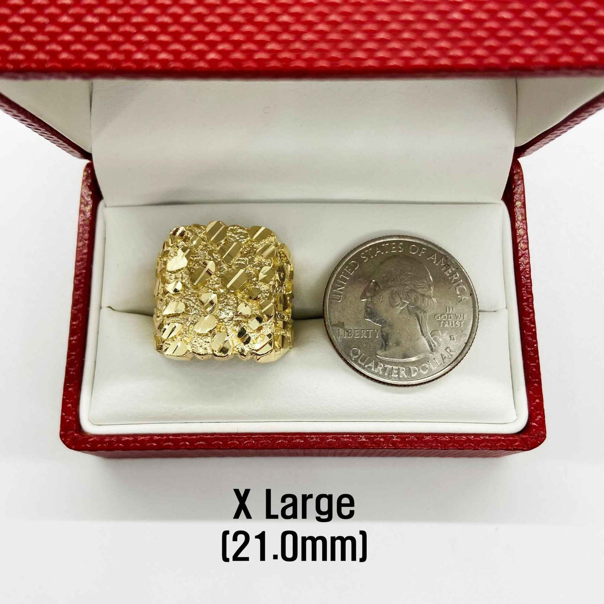 10k - 14k gold nugget ring inside a red jewelry box place beside a coin for comparison