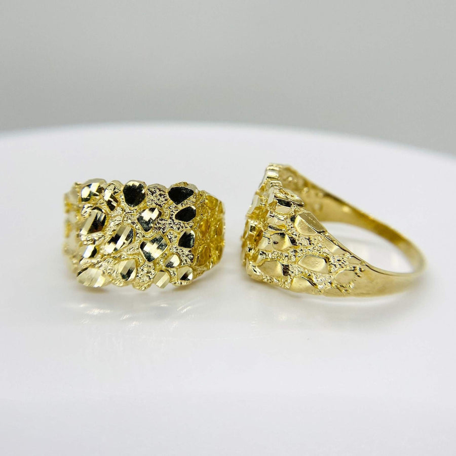 Two 10k - 14k Gold Classic Nugget Square Rings with textured surfaces on a light gray background