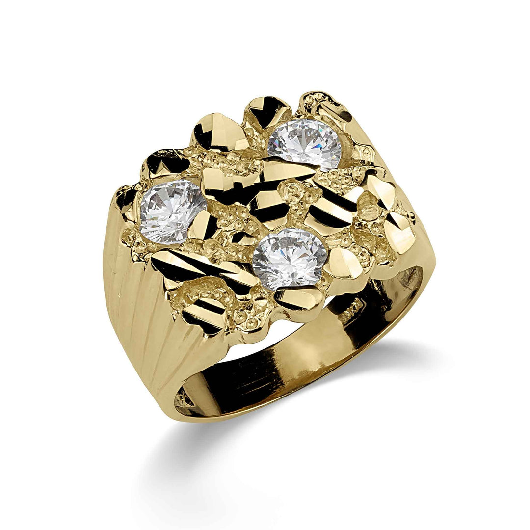 Classic square gold nugget ring with three sparkling clear CZ stones.