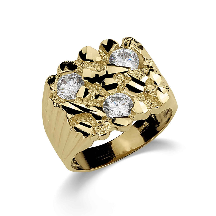 Classic square gold nugget ring with three sparkling clear CZ stones.