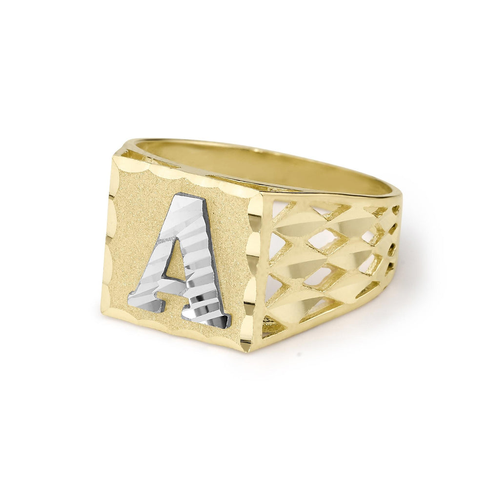Angled view of a two-tone gold square initial ring showing side band cutouts.