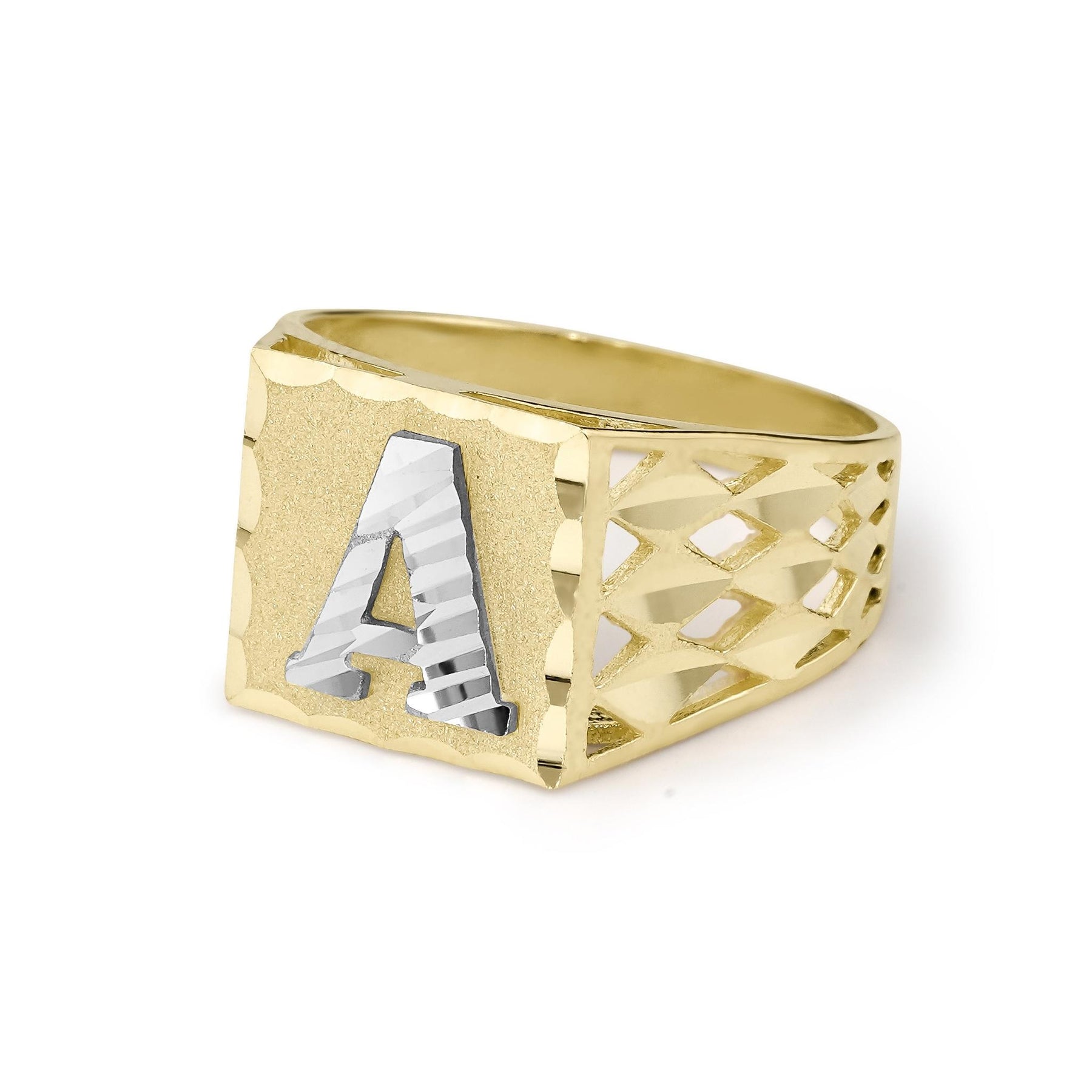 Angled view of a two-tone gold square initial ring showing side band cutouts.