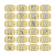 Grid display of two-tone gold classic square initial rings showing alphabet letters A through Y.