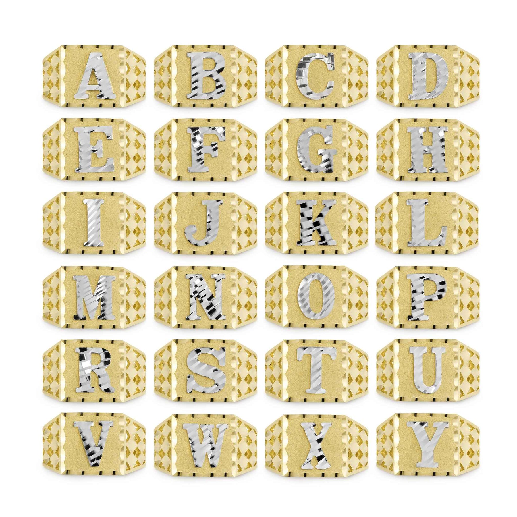 Grid display of two-tone gold classic square initial rings showing alphabet letters A through Y.