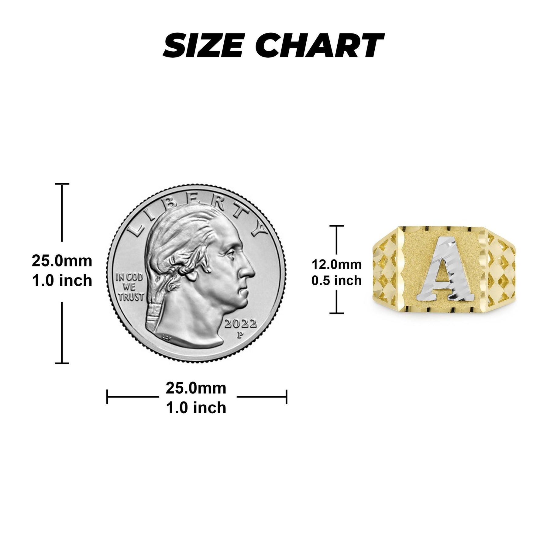 Size chart comparing a US quarter to a classic square two-tone gold initial ring.