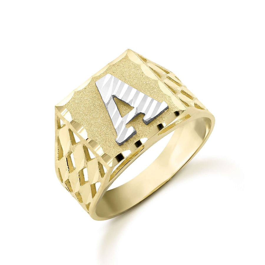 Classic square gold initial ring with diamond-cut letter A on white background.