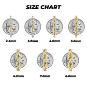 Size chart showing two-tone gold Milano chains placed over US quarter coins for scale