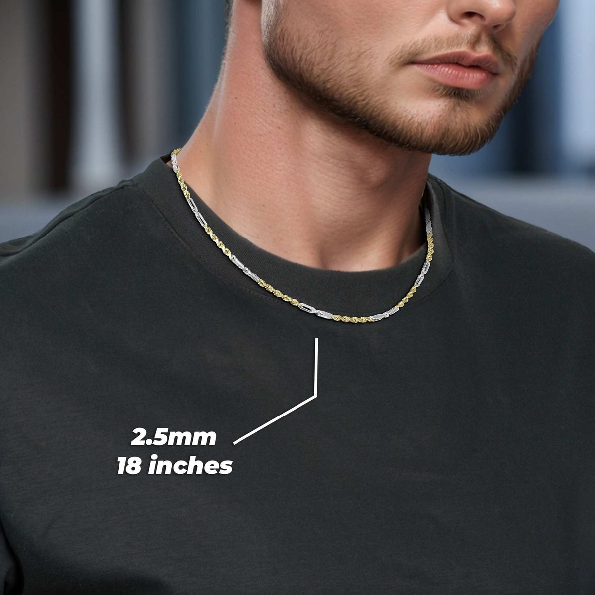 Man wearing two-tone gold Milano chain with 2.5mm 18-inch text overlay.