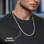 Man wearing two-tone gold Milano chain with 5.0mm 24-inch text overlay.