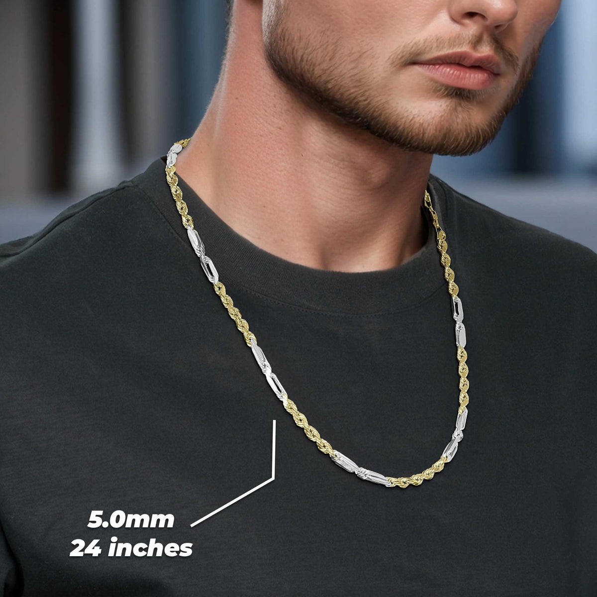 Man wearing two-tone gold Milano chain with 5.0mm 24-inch text overlay.