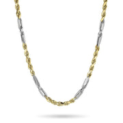 Two-tone gold Milano chain necklace with alternating yellow rope and white links on white.