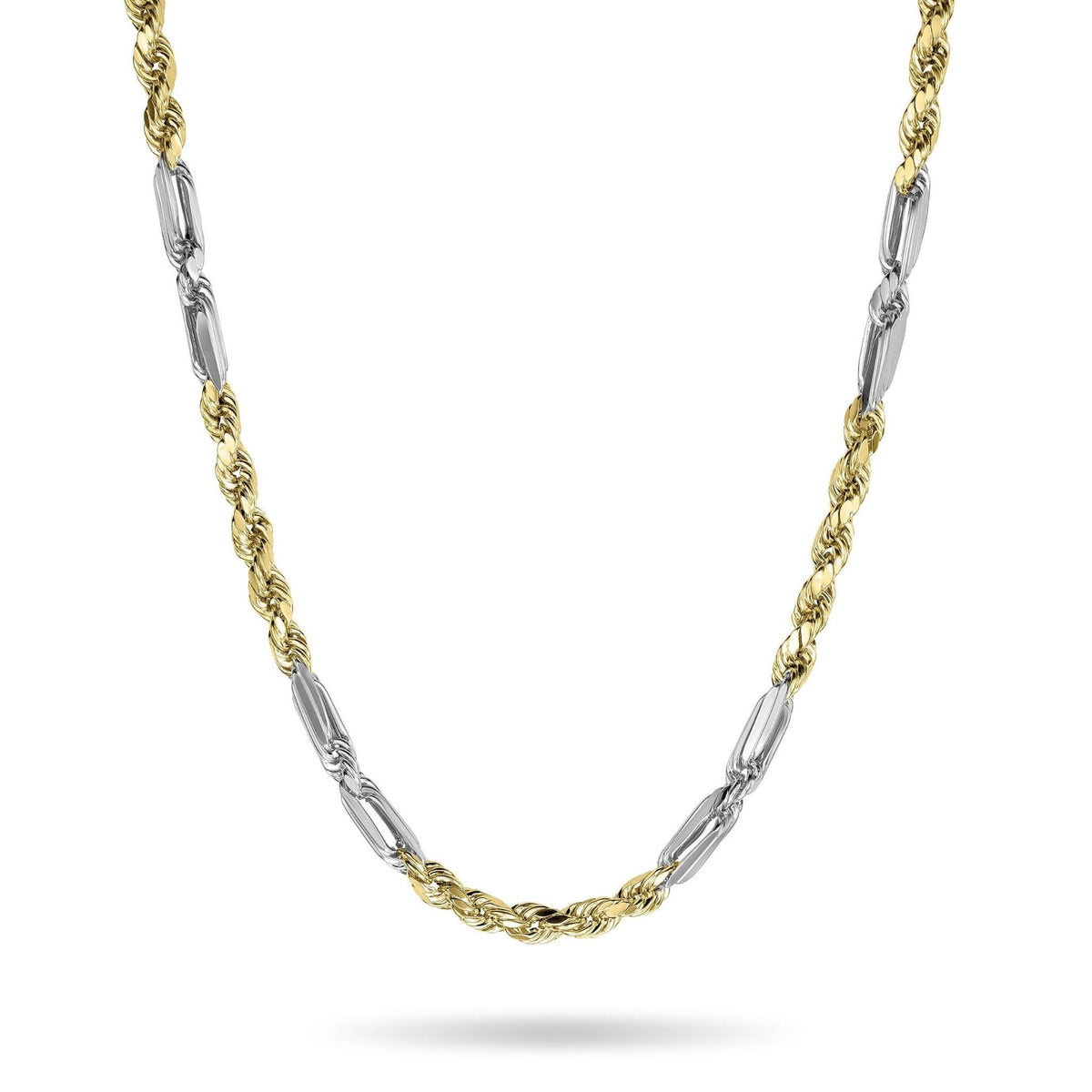 Two-tone gold Milano chain necklace with alternating yellow rope and white links on white.