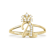 Front view of gold crown cursive initial ring featuring cubic zirconia paved letter A