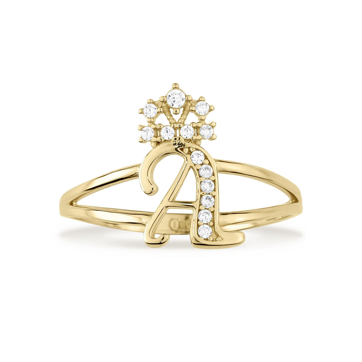 Front view of gold crown cursive initial ring featuring cubic zirconia paved letter A