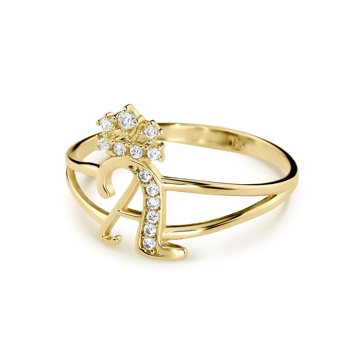 Side-angle view of gold crown cursive initial ring showing the split-band design.