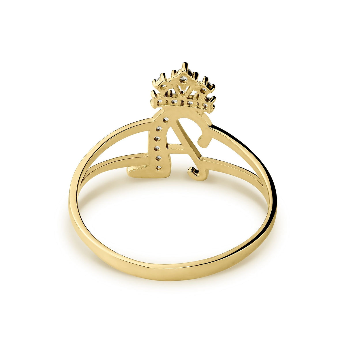 Top-down view of a gold crown cursive initial ring featuring cubic zirconia settings.