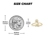 Ring size chart comparing a US quarter to a 12.5mm gold crown initial ring.