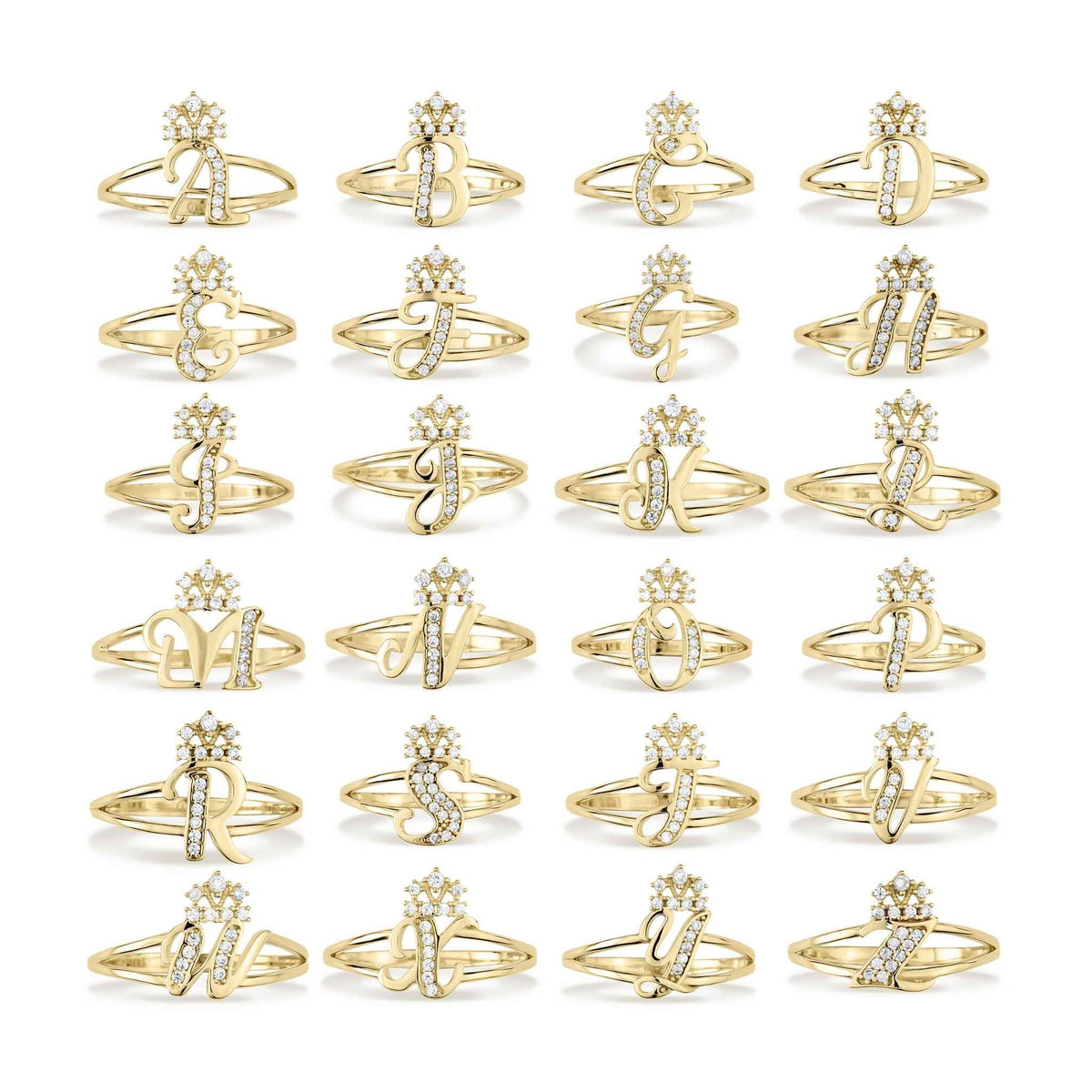 Complete alphabet collection chart of 10k gold script initial rings with rhinestone crowns.