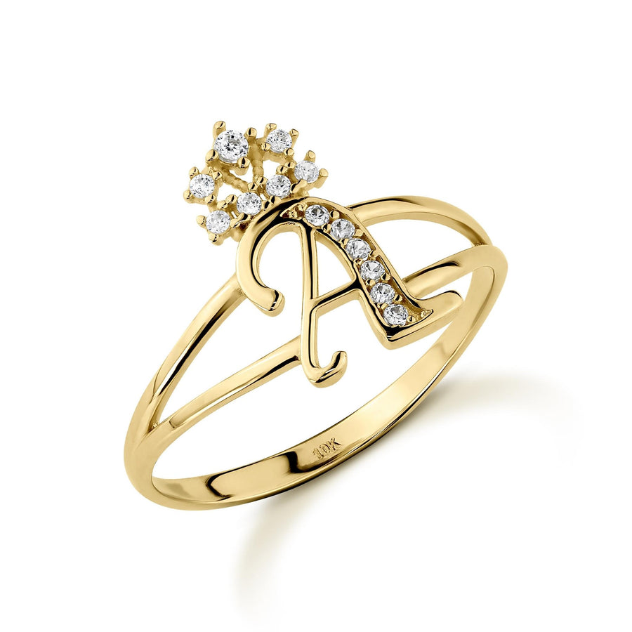 10k yellow gold crown cursive initial ring featuring cubic zirconia accents.