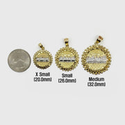 Size chart comparing X Small, Small, and Medium round gold Last Supper pendants next to a US quarter for scale.