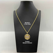 Medium 26.0mm two-tone gold Divine Last Supper pendant displayed on a 2.7mm rope chain on a black necklace bust.