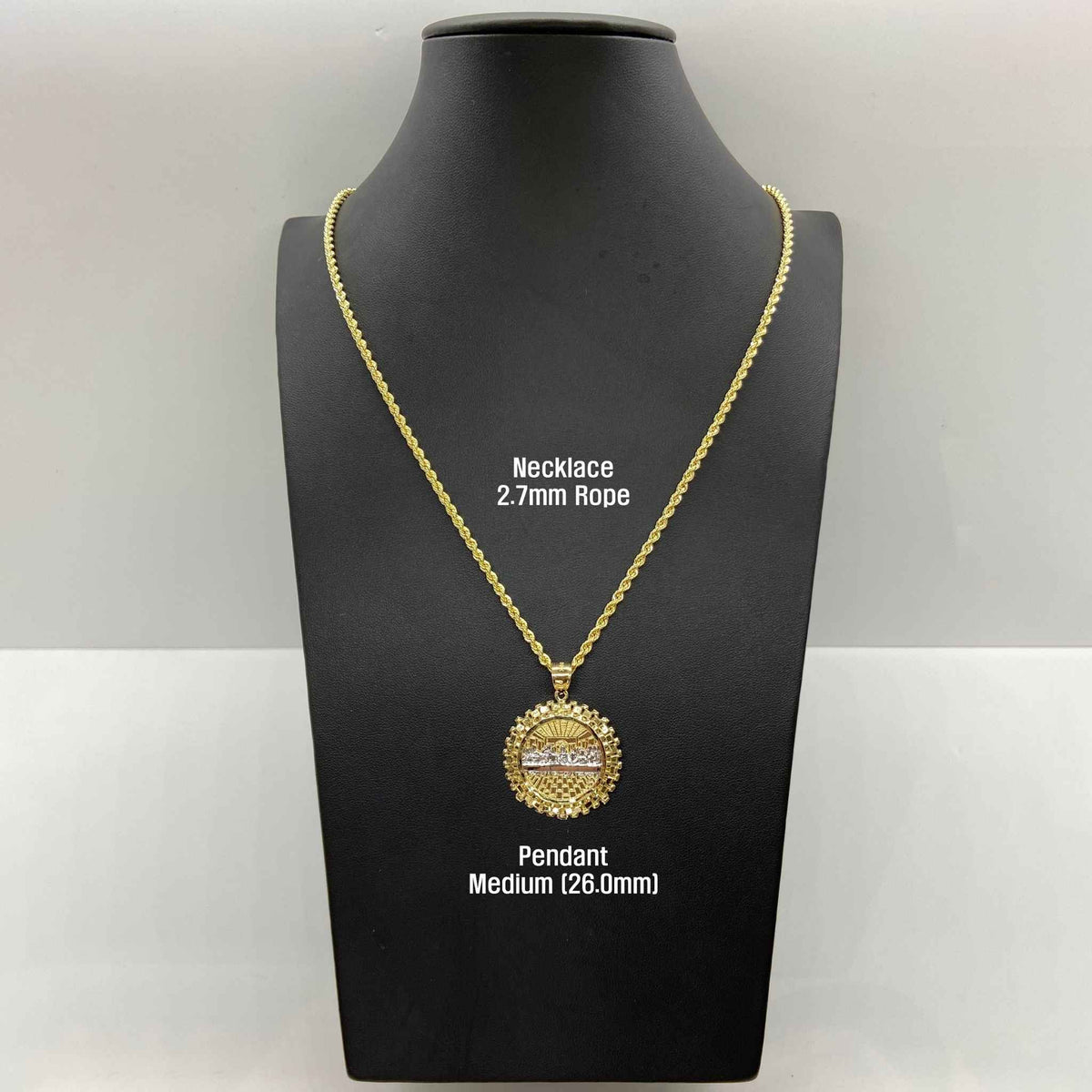 Medium 26.0mm two-tone gold Divine Last Supper pendant displayed on a 2.7mm rope chain on a black necklace bust.