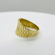 10k - 14k Gold Rollie Band ring with a dollar sign and textured band side view 